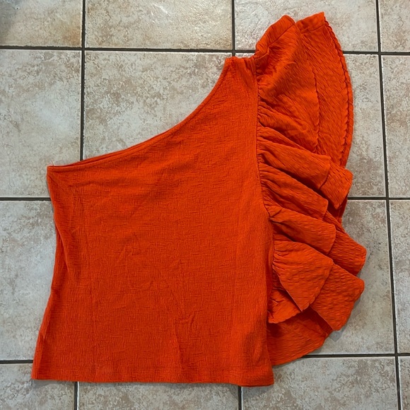 NWT By Anthropologie One Shoulder Ruffle Top Orange in Sz L - Picture 4 of 10